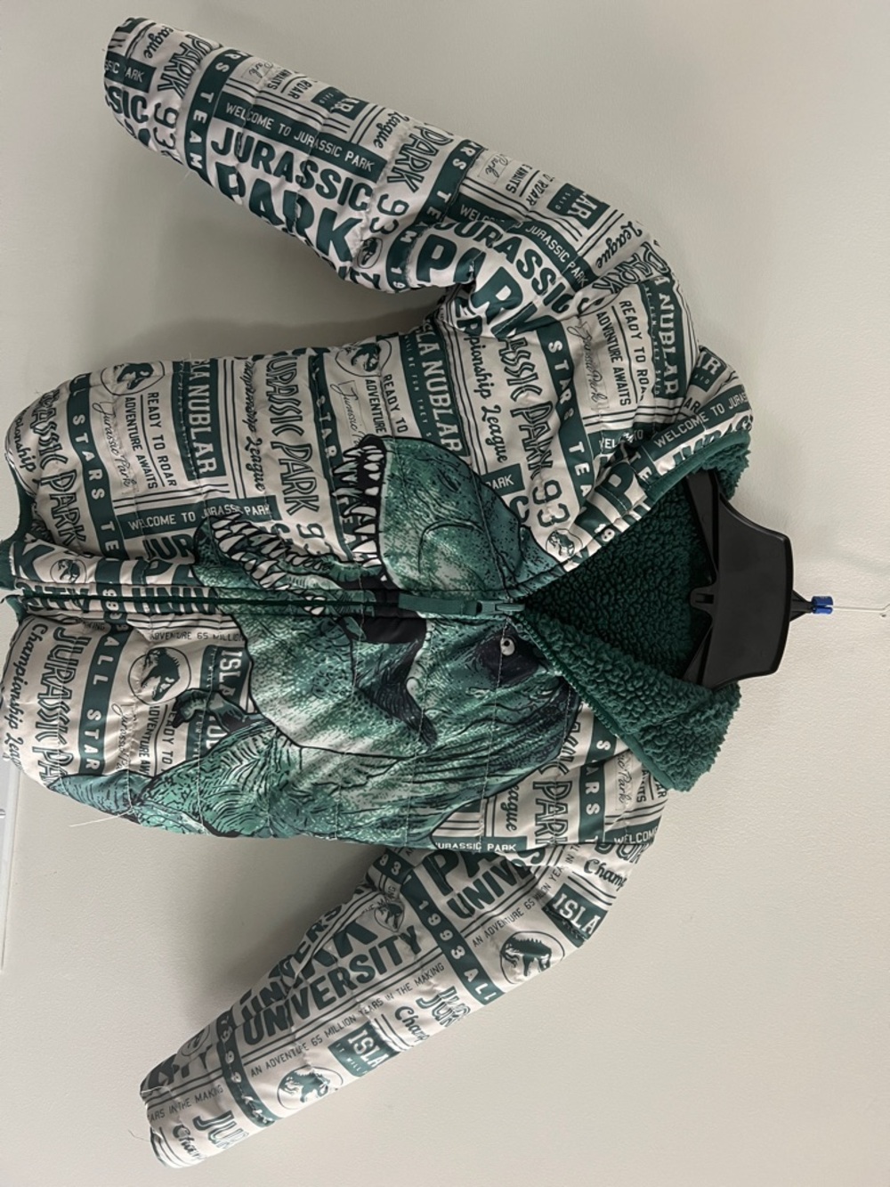 Jurassic Park Graphic Reversible Puffer Jacket in Teal and White